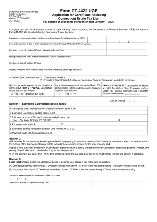 Form Ct-4422 Uge - Connecticut Application For Certifi Cate Releasing Connecticut Estate Tax Lien