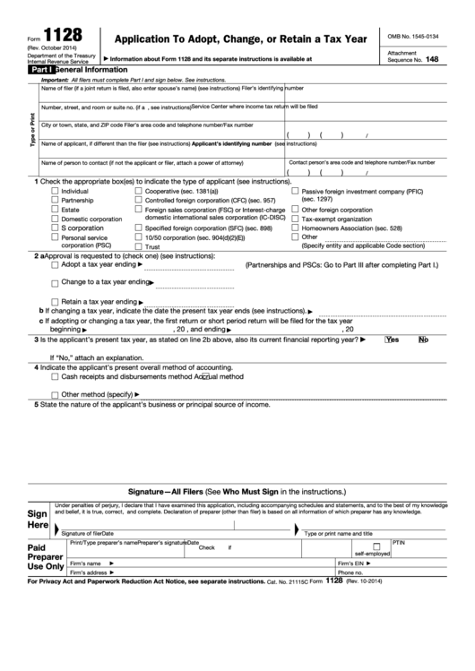 Fillable Form 1128 - Application To Adopt, Change, Or Retain A Tax Year Printable pdf