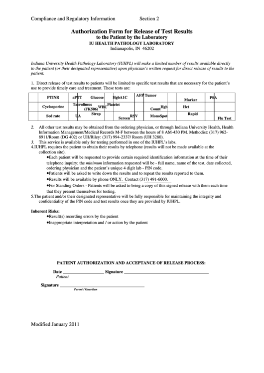 Authorization Form For Release Of Test Results