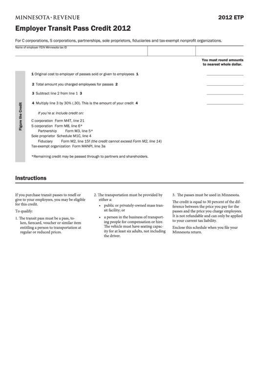 Fillable Form Etp - Employer Transit Pass Credit - 2012 Printable pdf