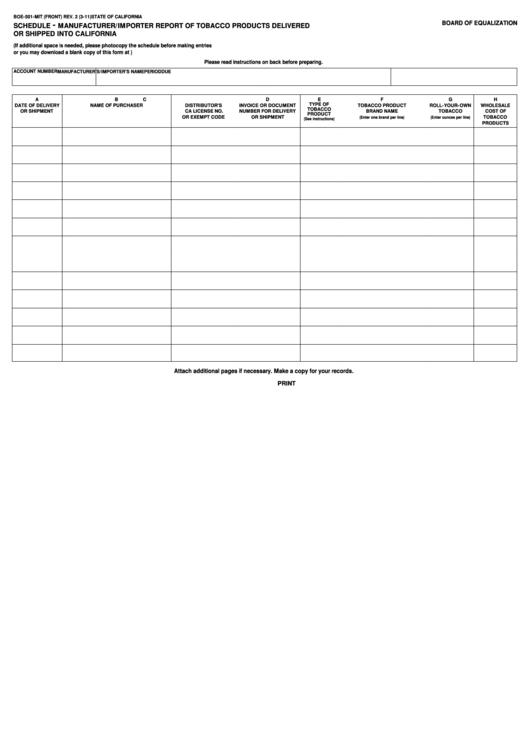 Fillable Form Boe-501-Mit - Schedule - Manufacturer/importer Report Of Tobacco Products Delivered Or Shipped Into California Printable pdf