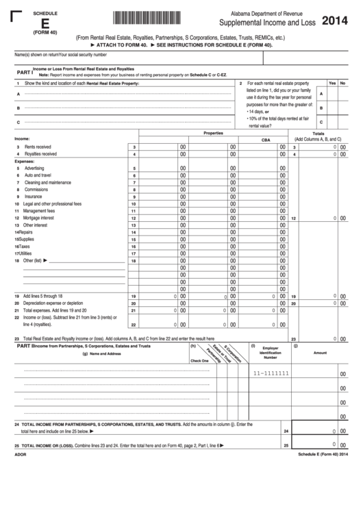 Fillable Schedule E (Form 40) - Alabama Supplemental Income And Loss - 2014 Printable pdf
