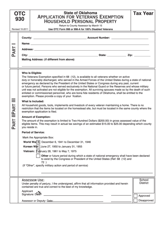 Fillable Form Otc 930 - Application For Veterans Exemption Household Personal Propert Printable pdf