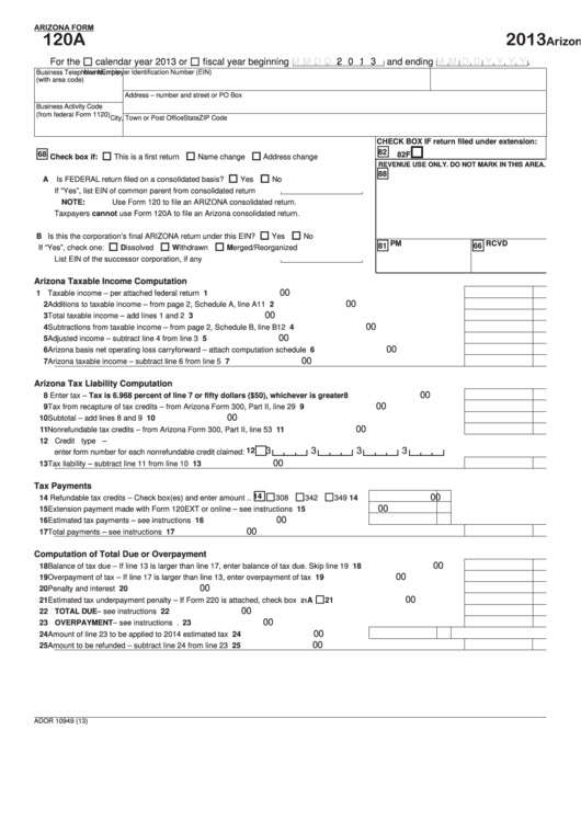 Fillable Form 120a - Arizona Corporation Income Tax Return (Short Form) - 2013 Printable pdf