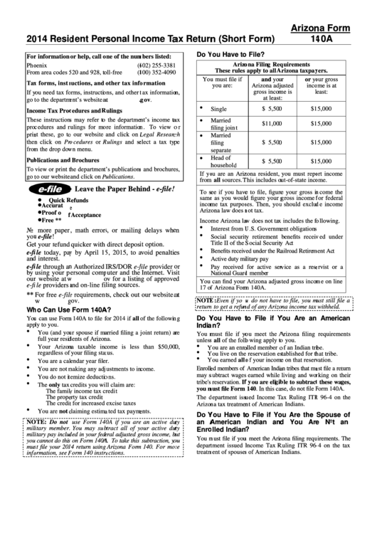 Instructions For Arizona Form 140a - Resident Personal Income Tax Return (Short Form) - 2014 Printable pdf