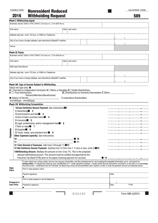 California Form 589 - Nonresident Reduced Withholding Request - 2016