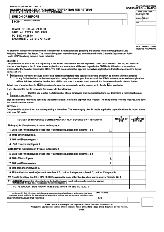 Fillable Boe-501-La - Occupational Lead Poisoning Prevention Fee Return For Category "A" Or "B" Reporting Printable pdf