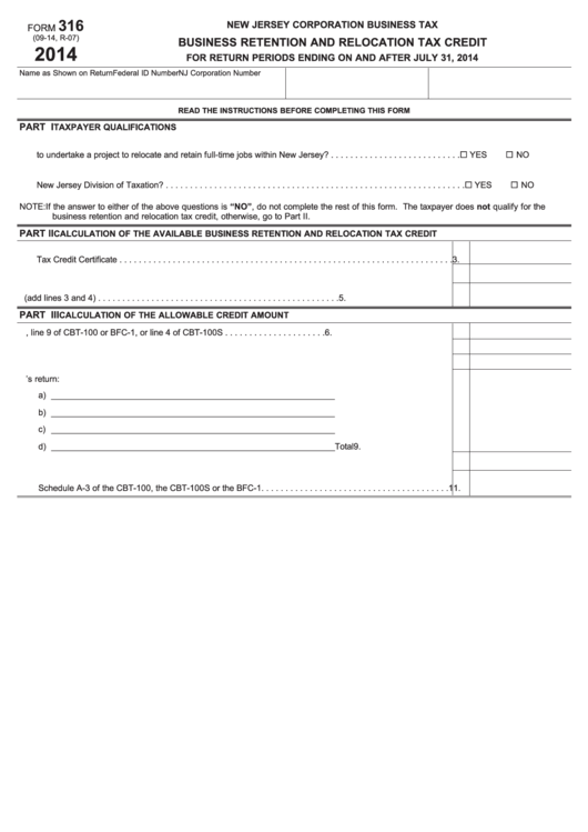 Fillable Form 316 - Business Retention And Relocation Tax Credit - New Jersey Corporation Business Tax - 2014 Printable pdf