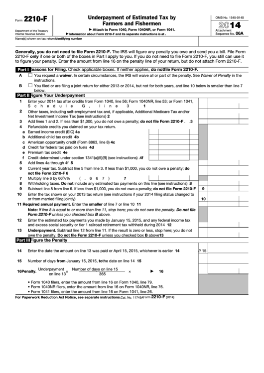 Fillable Form 2210-F - Underpayment Of Estimated Tax By Farmers And Fishermen - 2014 Printable pdf