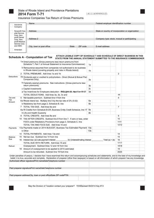 Fillable Form T-71 - Rhode Island And Providence Plantations Insurance Companies Tax Return Of Gross Premiums - 2014 Printable pdf