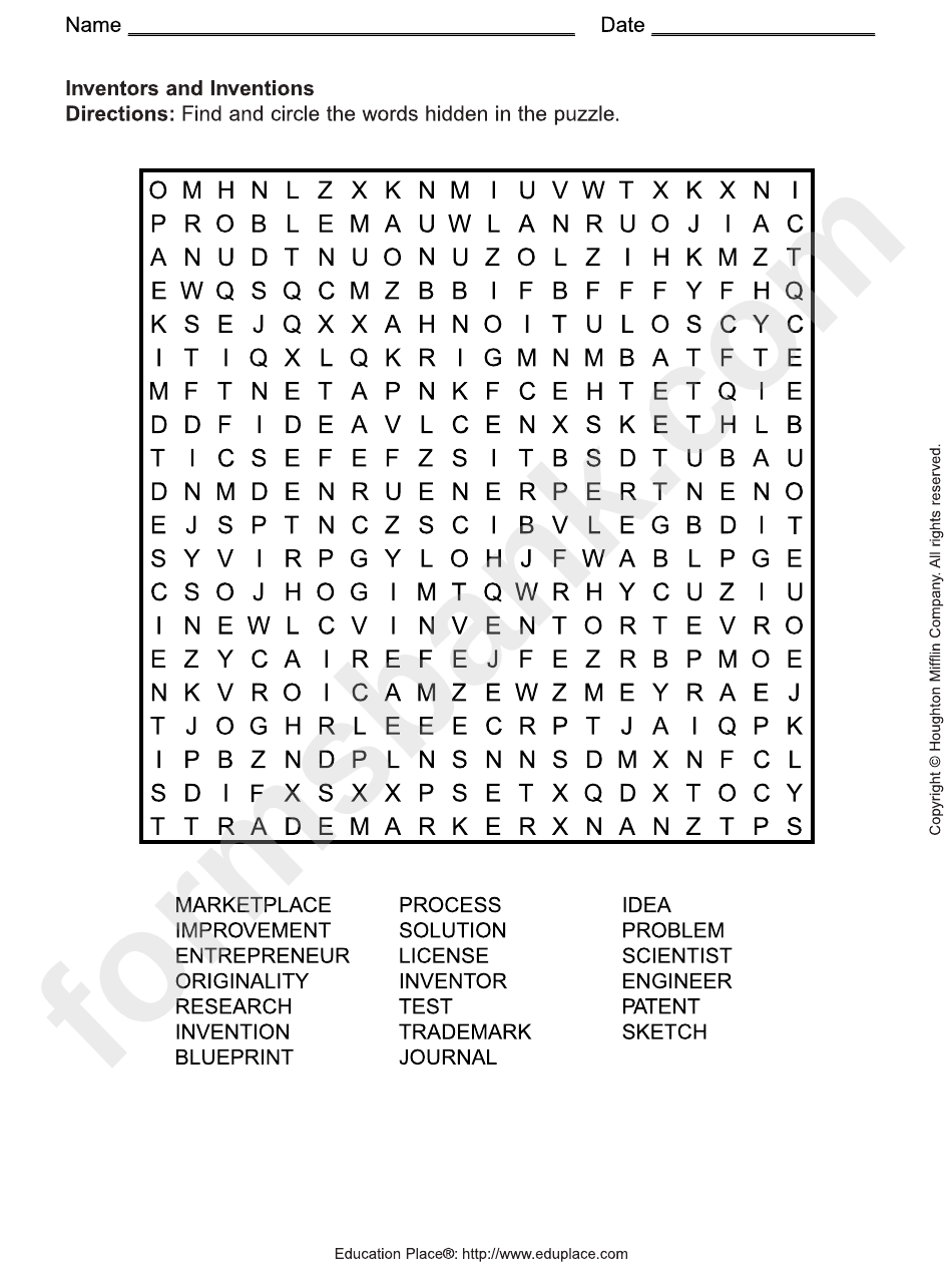 Inventors And Inventions Word Search Puzzle Template printable pdf download