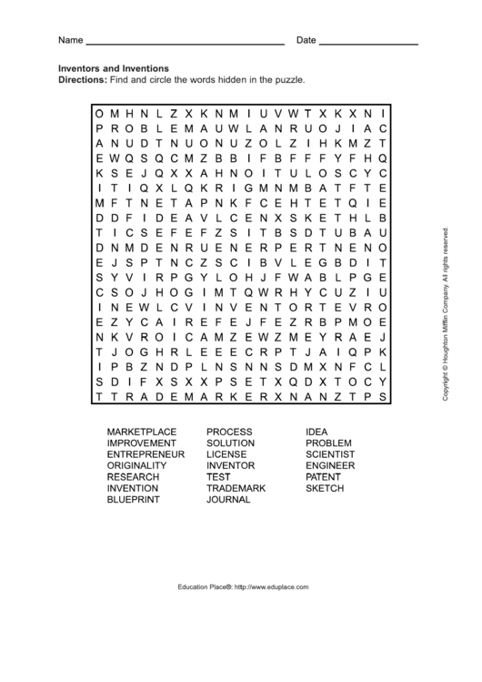 Inventors And Inventions Word Search Puzzle Template