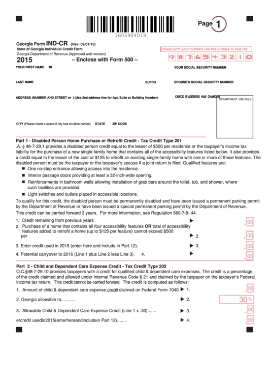 Fillable Georgia Form Ind-Cr - State Of Georgia Individual Credit Form - 2015 Printable pdf