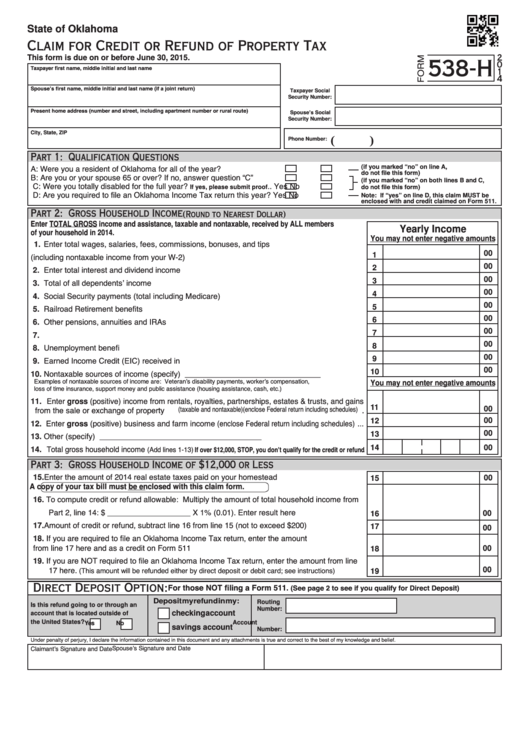 Fillable Form 538-H - Oklahoma Claim For Credit Or Refund Of Property Tax - 2014 Printable pdf