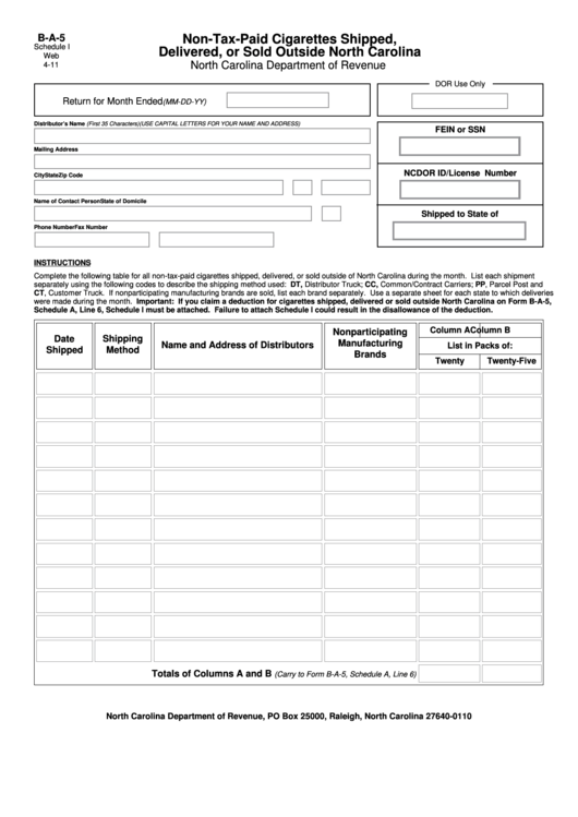 Fillable Form B-A-5 - Schedule I - Non-Tax-Paid Cigarettes Shipped, Delivered, Or Sold Outside North Carolina Printable pdf