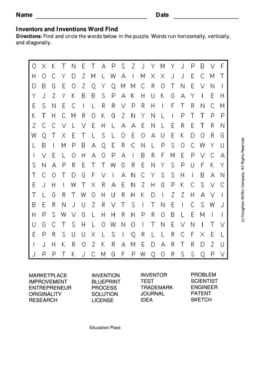 Inventors And Inventions Word Search Puzzle Template Printable pdf