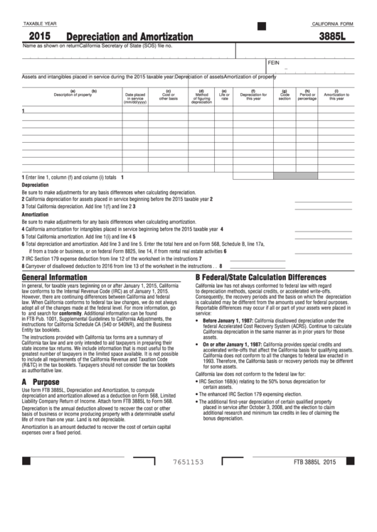 Form 3885l - California Depreciation And Amortization - 2015 Printable pdf