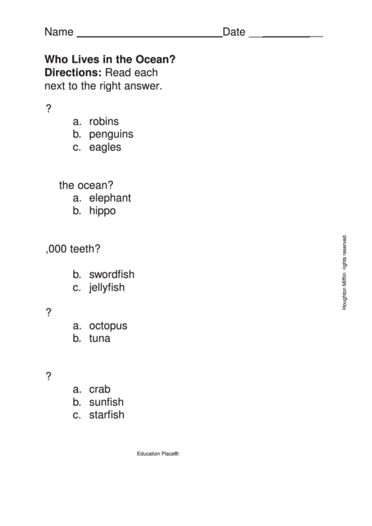 Who Lives In The Ocean Multiple Choice Quiz Template Printable pdf