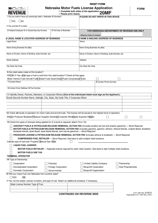 Fillable Form 20mf - Nebraska Motor Fuels License Application Printable pdf