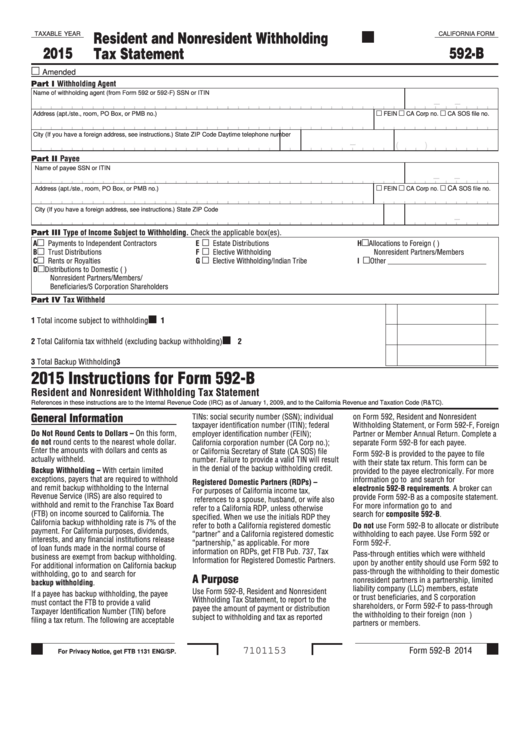 Fillable California Form 592-B - Resident And Nonresident Withholding Tax Statement - 2015 Printable pdf