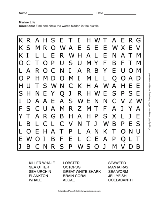 Marine Life Word Search Puzzle Template