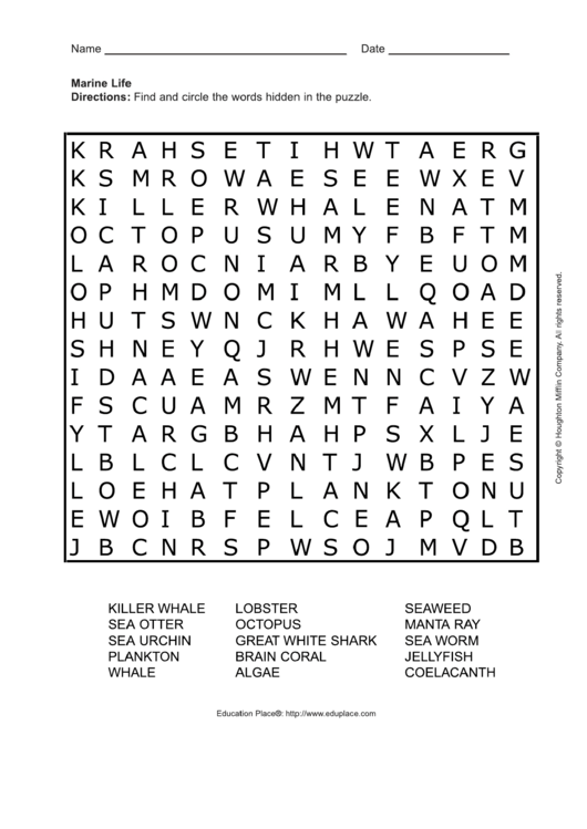 Marine Life Word Search Puzzle Template printable pdf download