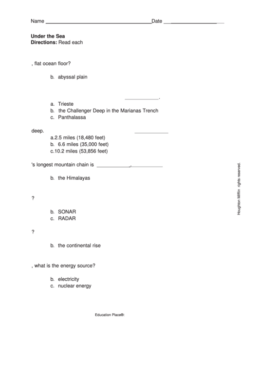 Under The Sea Multiple Choice Quiz Template Printable pdf