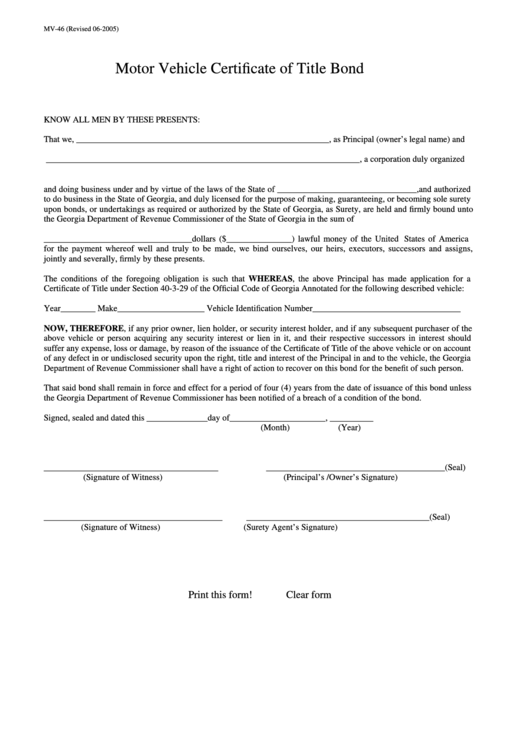 Fillable Form Mv-46 - Motor Vehicle Certificate Of Title Bond Printable pdf