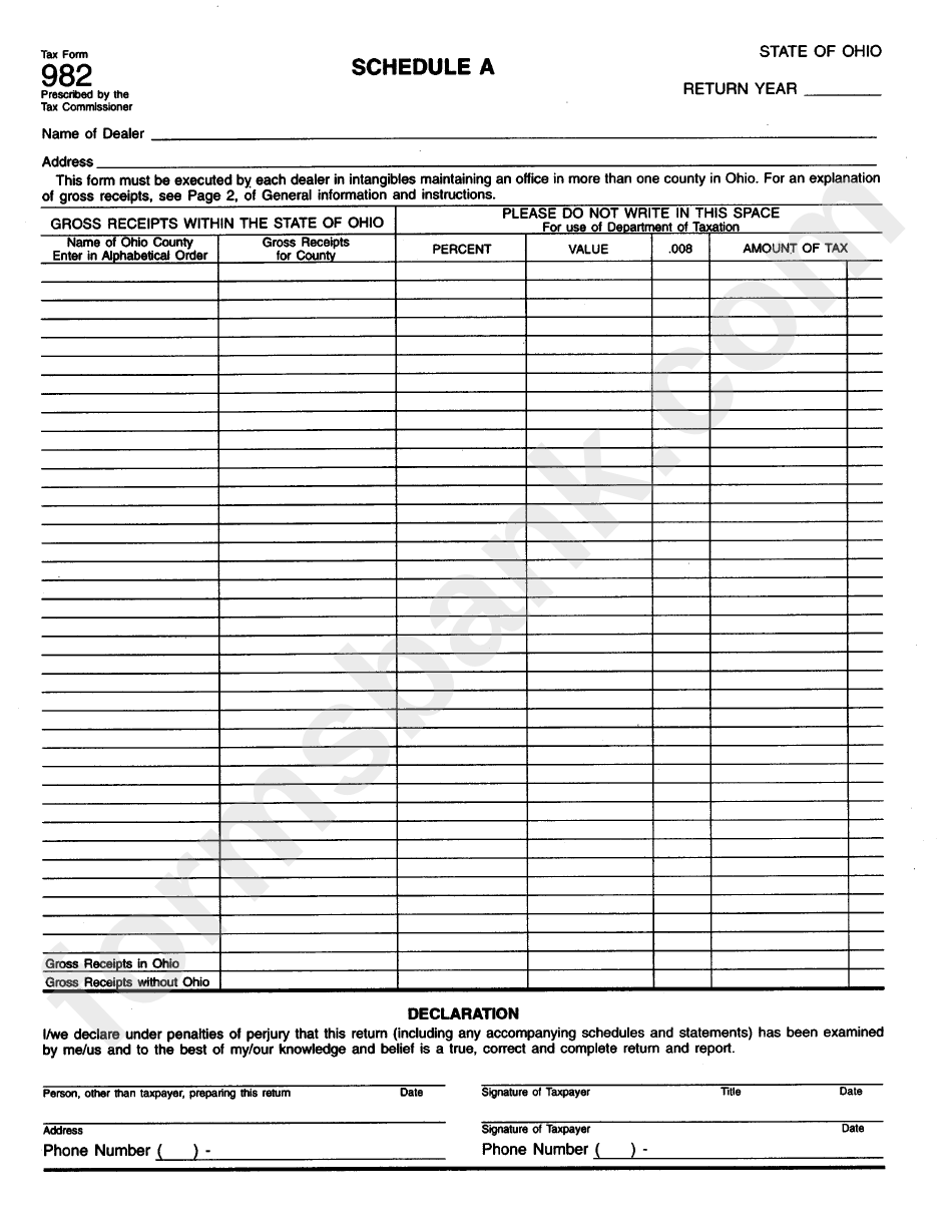 Form 982 - Schedule A - Gross Receipts Within The State Of Ohio