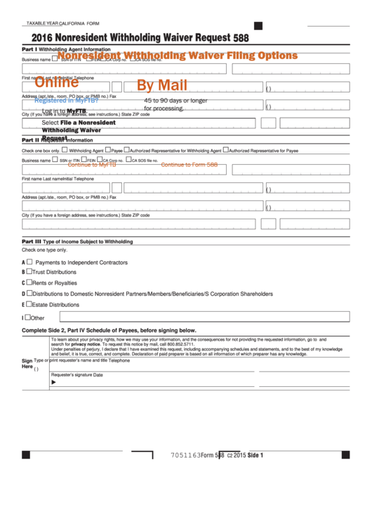 California Form 588 - Nonresident Withholding Waiver Request - 2016