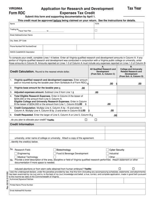 Fillable Form Rdc - Application For Research And Development Expenses Tax Credit Printable pdf