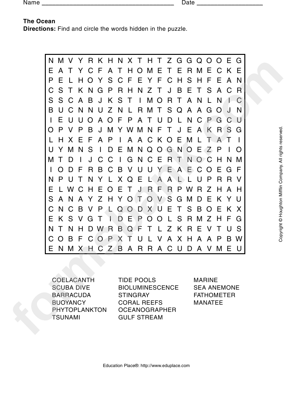 The Ocean Word Search Puzzle Template