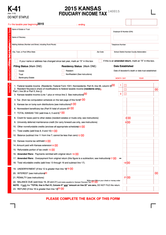 Fillable Form K-41 - Kansas Fiduciary Income Tax - 2015 Printable pdf