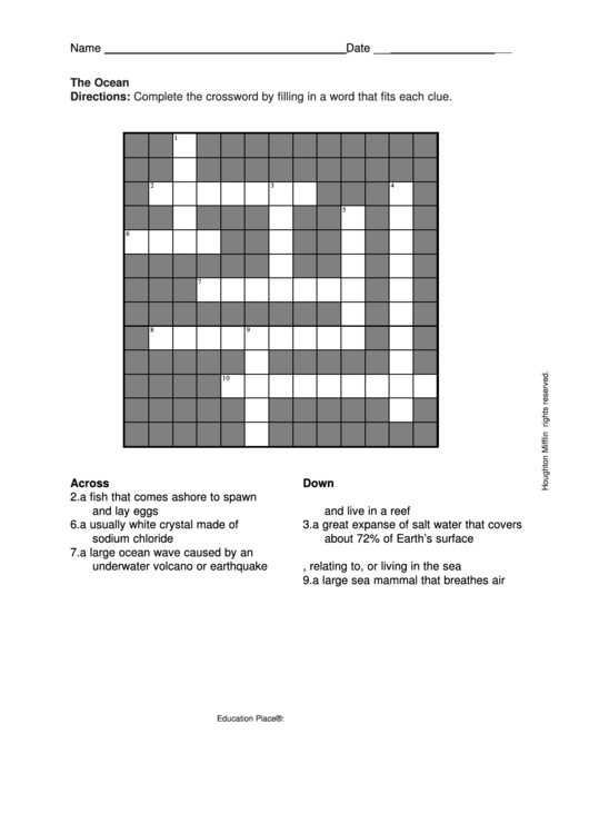 The Ocean Crossword Puzzle Template Printable pdf