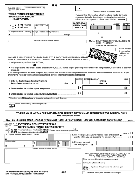 Fillable Form 05-141 - Texas Franchise No Tax Due Information Report Printable pdf