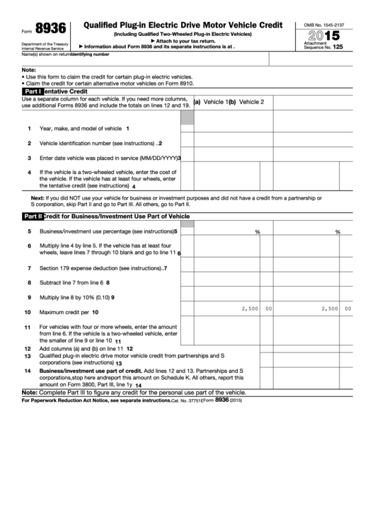 Fillable Form 8936 - Qualified Plug-In Electric Drive Motor Vehicle Credit - 2015 Printable pdf