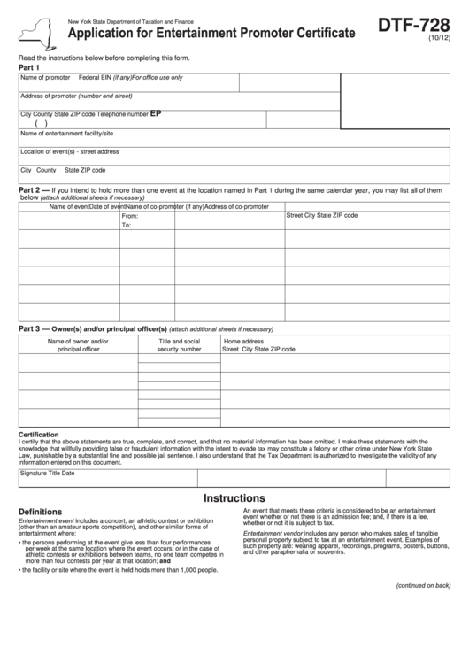 Form Dtf-728 - Application For Entertainment Promoter Certificate Printable pdf