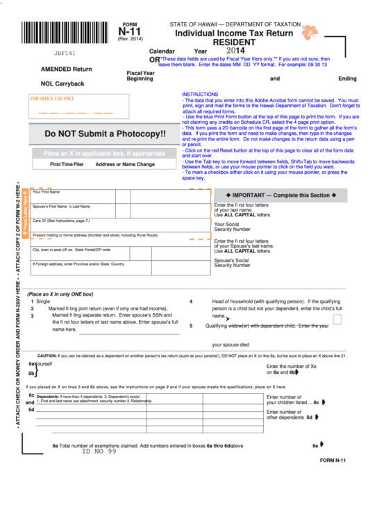 Fillable Form N-11- Individual Income Tax Return Resident/schedule Cr - Schedule Of Tax Credits - 2014 Printable pdf