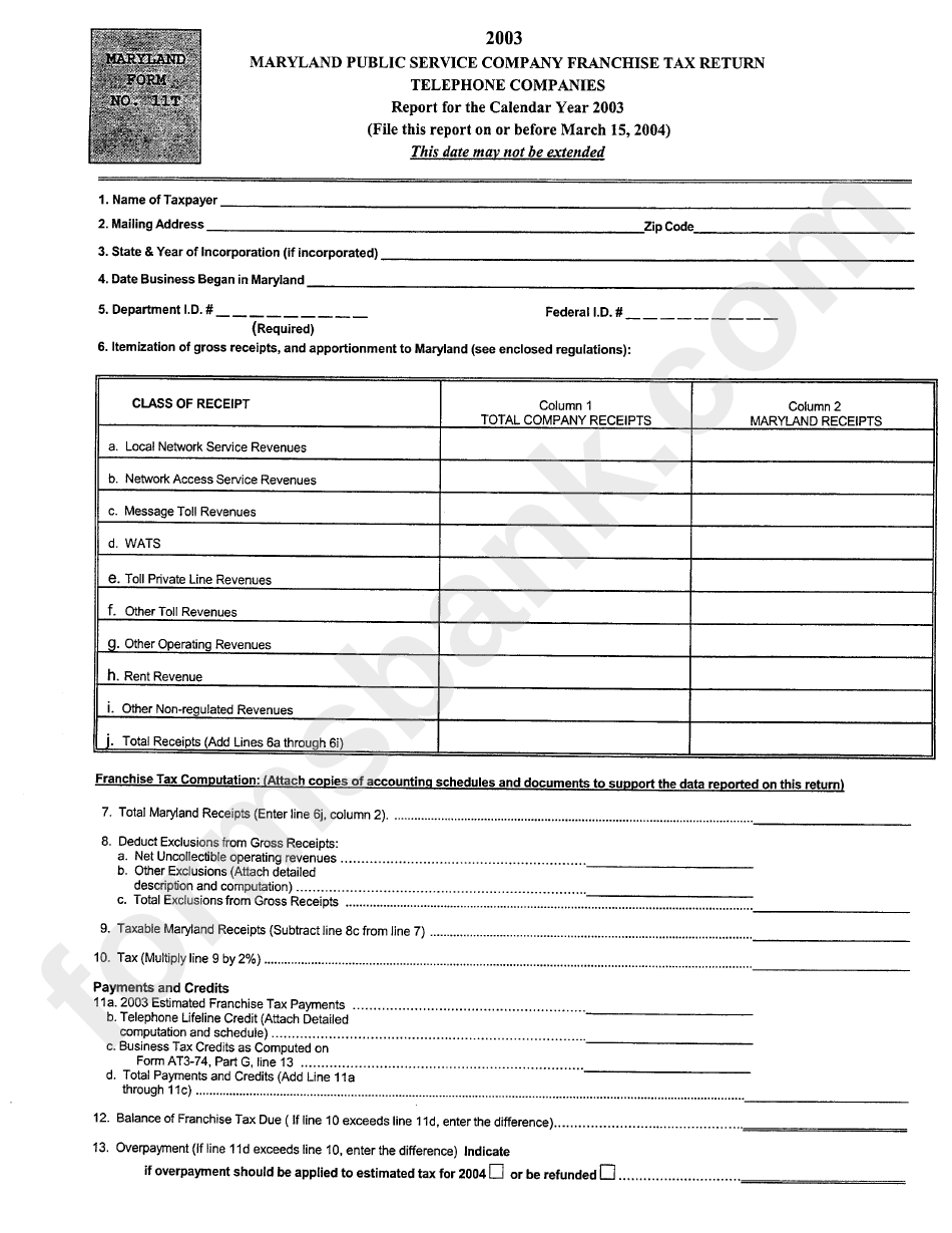 Maryland Form 11t - Maryland Public Service Company Franchise Tax Return Telephone Companies - 2003