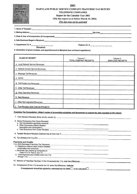 Maryland Form 11t - Maryland Public Service Company Franchise Tax Return Telephone Companies - 2003 Printable pdf