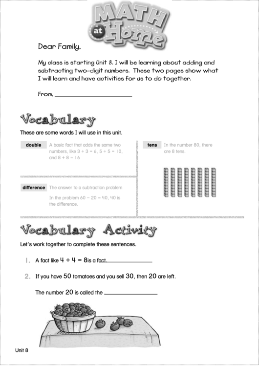 Family Letter - Starting Unit 8 Printable pdf