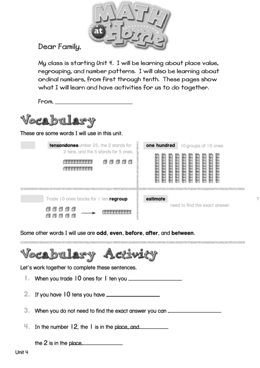 Family Letter - Starting Unit 4 Printable pdf