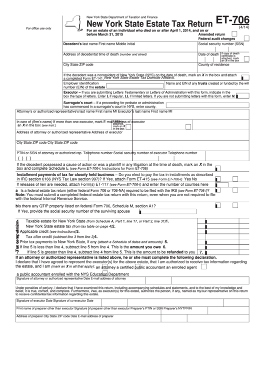 Form Et-706 - New York State Estate Tax Return Printable pdf