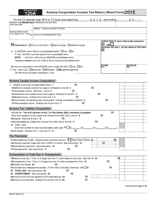 Fillable Arizona Form 120a - Arizona Corporation Income Tax Return (Short Form) - 2015 Printable pdf