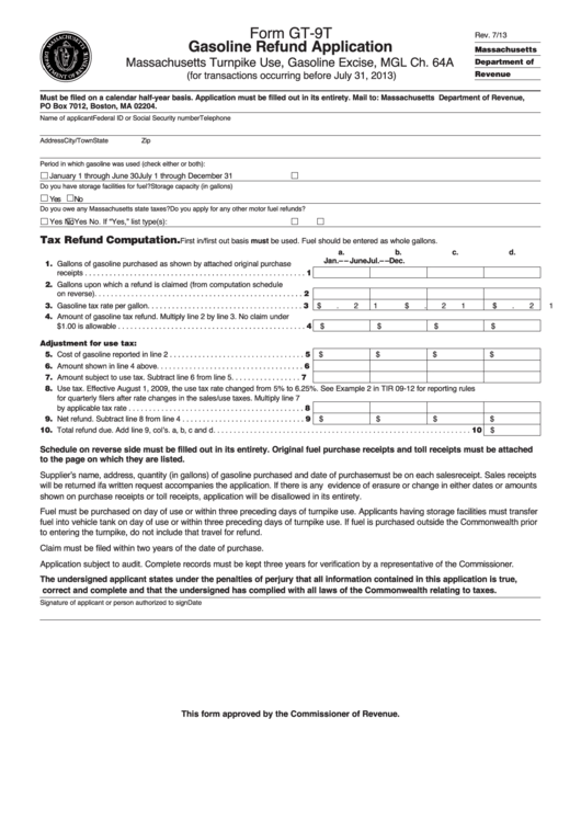 Fillable Form Gt-9t - Gasoline Refund Application Printable pdf