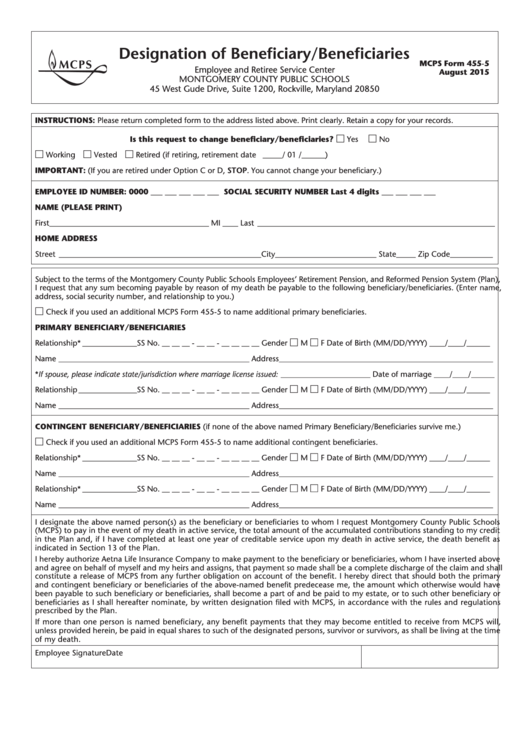 Fillable Mcps Form 455-5 - Designation Of Beneficiary/beneficiaries - 2015 Printable pdf