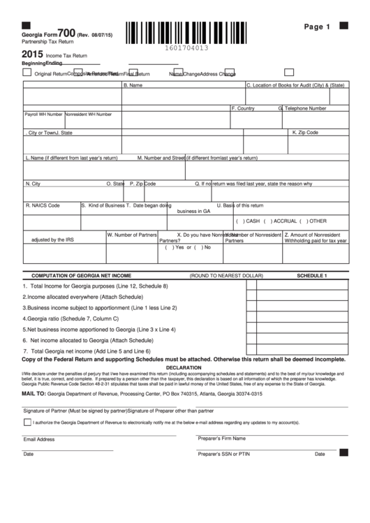 Fillable Georgia Form 700 - Partnership Tax Return - 2015 Printable pdf