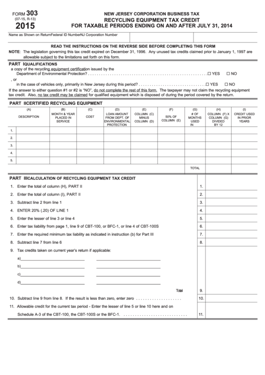 Fillable Form 303 - Recycling Equipment Tax Credit - 2015 Printable pdf