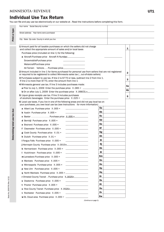 Fillable Form Ut1 - Individual Use Tax Return Printable pdf