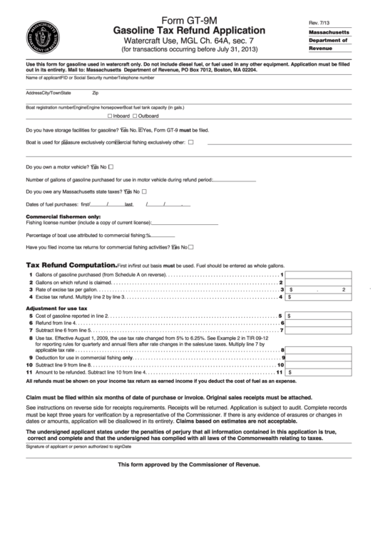 Fillable Form Gt-9m - Gasoline Tax Refund Application Printable pdf